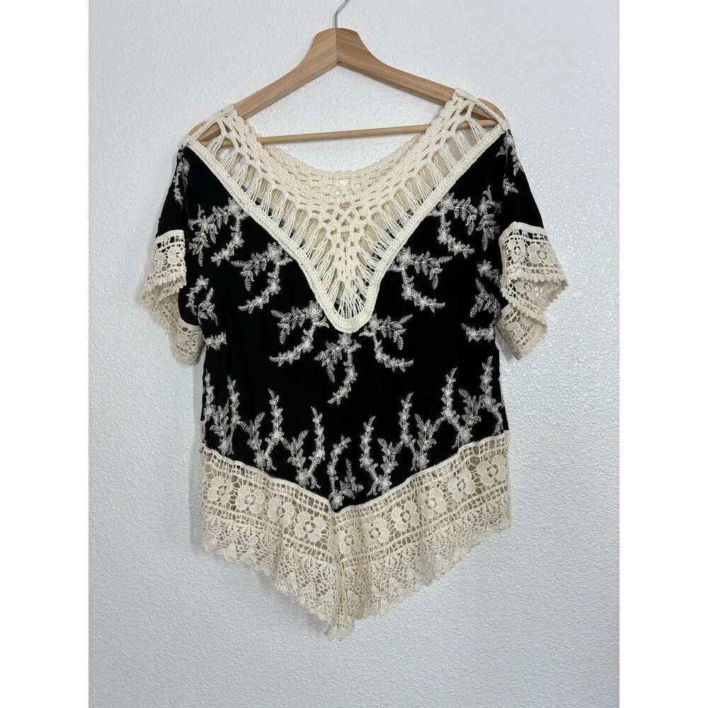 Solitaire Blouse Womens Small Black Crochet Lace Hem Boho Festival Tunic Top